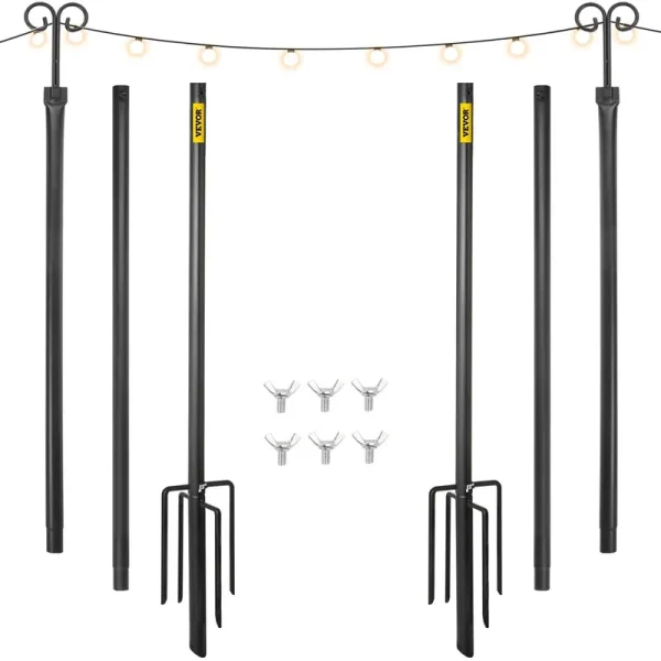 VEVOR String Light Poles 2 Pack 9.7 ft Outdoor Powder Coated Stainless Steel Lamp Post with Hooks to Hang Lantern and Flags Decorate Garden Backyard