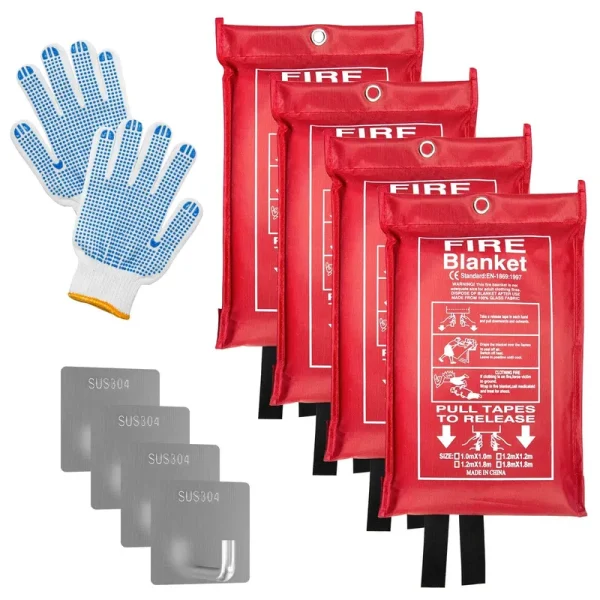 Emergency Fire Blanket (4 Pack, 40 in x 40 in) + 4 Hooks & 1 Gloves, Fiberglass Fireproof Fire Blanket for Home and Kitchen, Camping, Grill, Car,