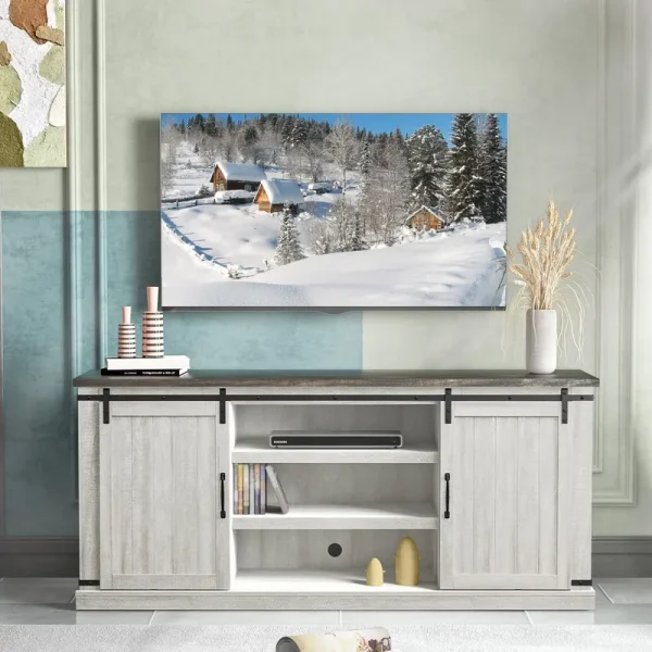 FESTIVO Farmhouse TV Stand for 75" TV, Entertainment Center, Sliding Barn Door TV Stand, 68 in TV Console Table, Home Living Room Media Console with Adjustable Shelf - Off White