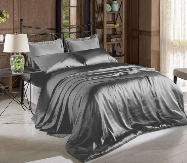 Hight Thread Count Solid Color Soft Silky Charmeuse Satin Luxury and Super Soft Bed Sheet Set, Size: King, Gray