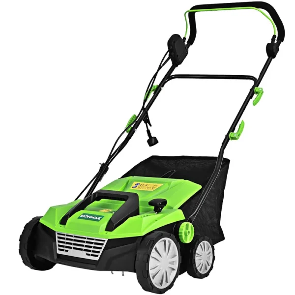 IRONMAX 13amp Corded Scarifier Width 15" Electric Lawn Dethatcher w/50L Collection Bag Green