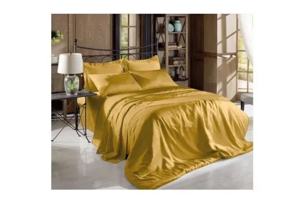 Hight Thread Count Solid Color Soft Silky Charmeuse Satin Luxury and Super Soft Bed Sheet Set (Gold, Queen)