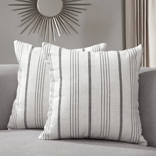 Sunlit Decorative Farmhouse Throw Pillow Case, Modern Accent Square Pillow Cover, 18" x 18", Set of 2 Off White with Gray Stripes Textured Linen Throw
