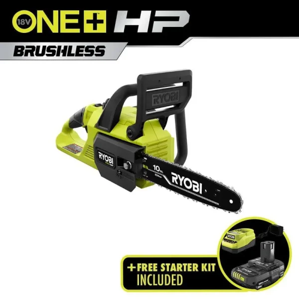 One+ HP 18V Brushless 10 in. Chainsaw with One+ 18V 2.0 Ah Compact Battery and Charger