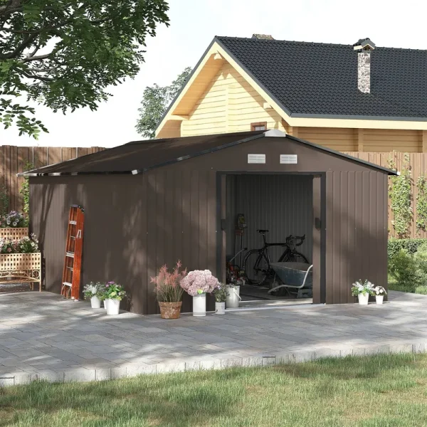 Outsunny 11' x 13' Storage Shed Garden Tool House w/ Vents Doors Brown