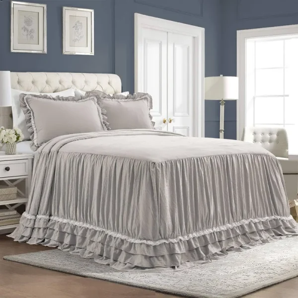Lush Decor Ella Shabby Chic Ruffle Lace Bedspread Light Gray Set King