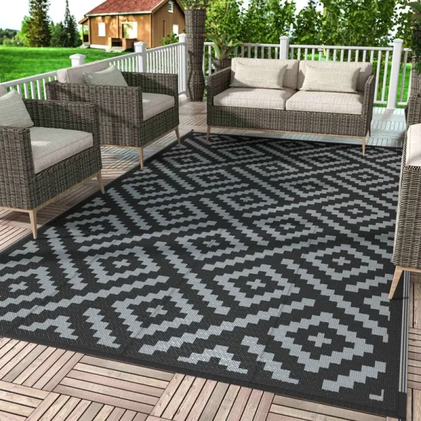 DEORAB Outdoor Rug for Patio Clearance, Reversible Plastic Camping Rugs, 5'x8', Black & Gray, Size: 5' x 8'