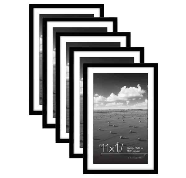 Americanflat Picture Frame in Black - Set of 5 Frames - 9x15 with Mat and 11x17 Without Mat - with Plexiglass Cover, Sawtooth Ha