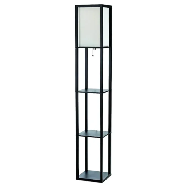 Simple Designs Floor Lamp Etagere Organizer Storage Shelf with Linen Shade, Black