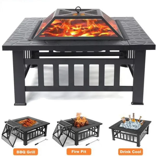 Fire Pits for Outside, DFITO 32" Wood Burning Fire Pit Tables with Screen Lid, Poker, Outdoor Fire Pit Patio Set, Patio Garden Stove Fire Pit/Ice Pit/BBQ Fire Pit, Black, GJ131
