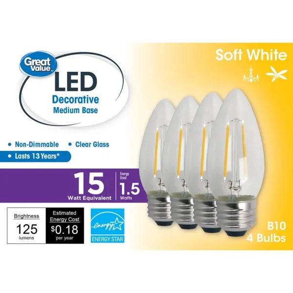 Great Value LED Light Bulb, 1.5 Watts (15w Equivalent) B10 Deco Lamp E26 Medium Base, Non-Dimmable, Soft White, 4-Pack