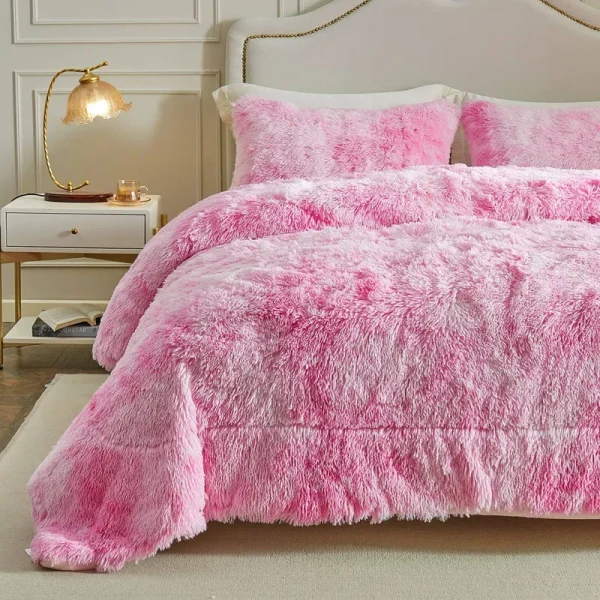 Wajade Faux Fur Plush Pink Comforter Set Fluffy Fuzzy Shaggy Bedding Set - 3PC Full/Queen Microfiber Soft Warm Quilt Set