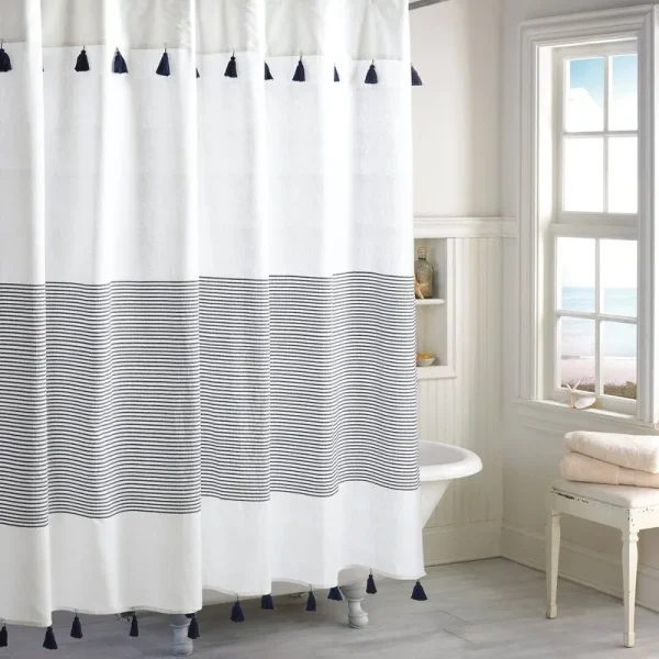 Campanella 100% Cotton Striped Single Shower Curtain Color: Navy