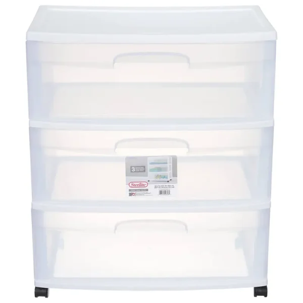 Sterilite 3 Drawer Wide Cart, White