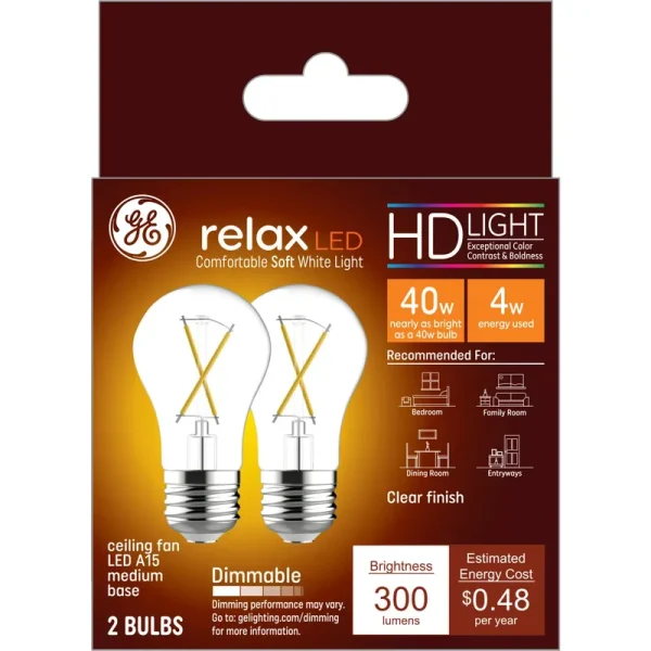 Ge Relax Light Bulbs, LED, Ceiling Fan, Soft White, 40 Watts - 2 light bulbs