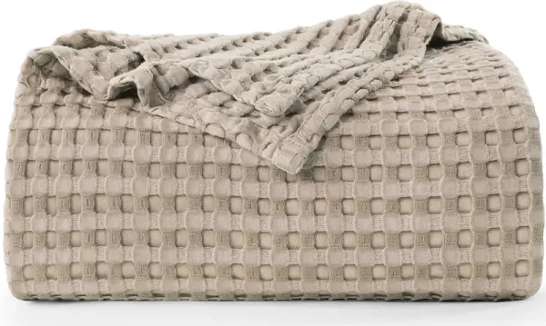 Utopia Bedding Cotton Waffle Blanket 300 GSM (Khaki - 90x108 Inches) Soft Lightweight Breathable Bed Blanket King Size Layering Any Bed for All