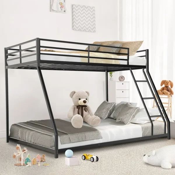 Twin Over Full Bunk Bed, Metal Bunk Bed Frame, Noise Free Floor Bunk Beds with Guardrails & Ladder for Kids Teens Adults, No Box Spring Needed, Black