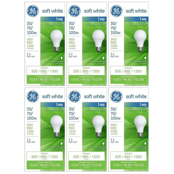 GE Lighting 97493 30-Watt 70-Watt 100-Watt A21 3-Way Soft White 6-Pack