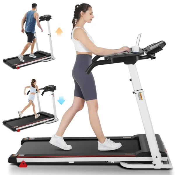 Folding Treadmill with Removable Desk, Foldable Treadmill with Adjustable Height, Treadmill 300 lb Weight Capacity, White