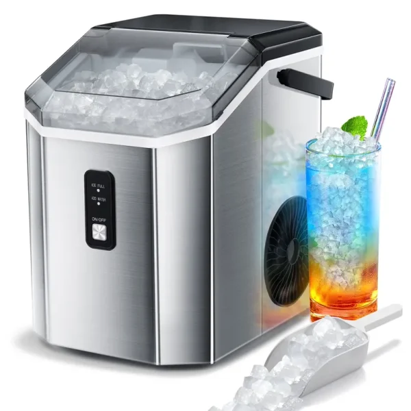 Auseo Stainless Steel Nugget Ice Maker Countertop with Soft Chewable Pellet Ice, 35 lb/24H with Portable Handle, Stainless Steel Silver