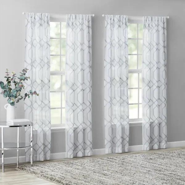 Mainstays Modern Gray Geometric Rod Pocket Sheer Curtain Set, 28 inch x 84 inch (4 Panels)