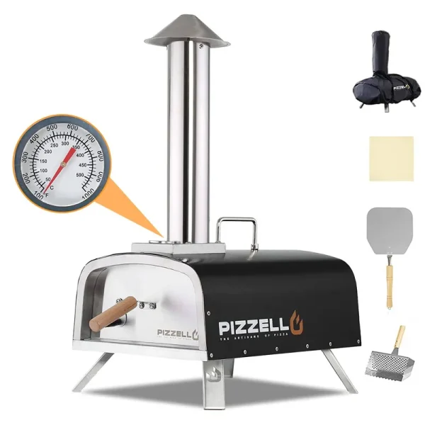 Pizzello Pellet Pizza Oven 12" Outdoor Wood Fired Pizza Ovens with Pizza Stone, Pizza Peel, Fold-Up Legs, Cover, Thermometer, Chimney - Black