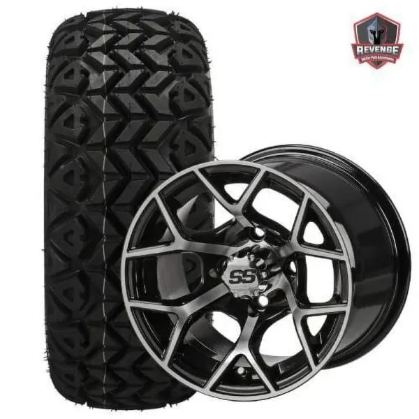 12" Ninja Machined Black Golf Cart Wheels and Tires Combo (20x10 - 12) Set of 4