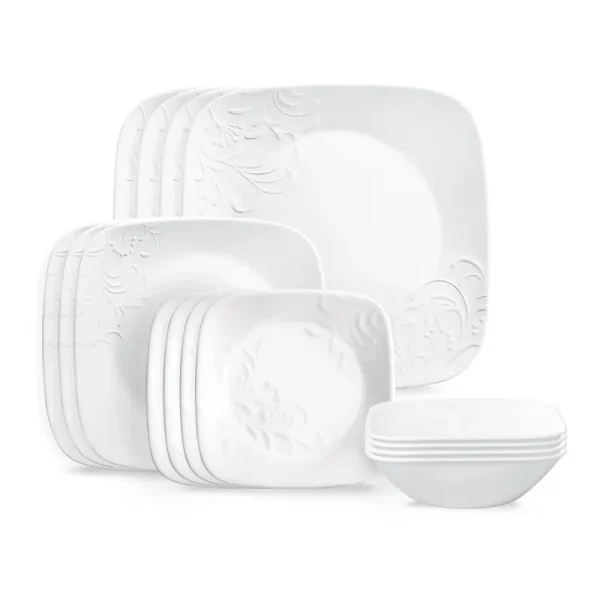 Corelle Cherish 16 - Piece Embossed Square Glass Dinnerware Set (Service for 4)