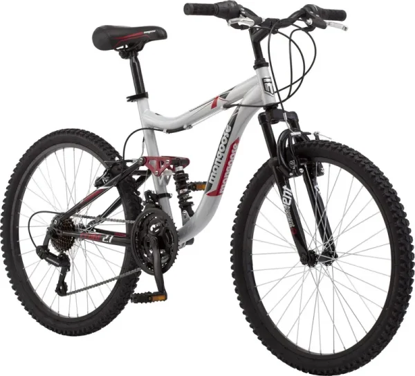 Mongoose Ledge 2.1 Mountain Bike. 24 - Inch Wheels. 21 Speeds. Boys Frame. Silver/Red