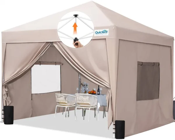 Quictent Privacy 8x8 EZ Pop Up Canopy Tent with Sidewalls, Instant Gazebo Canopy Shelter Enclosed Portable, Mesh Windows & Waterproof (Tan)