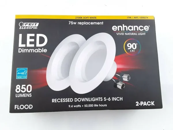 Feit Enhance 90+cri 75W Replacement Dimmable 2700k, 5 inch to 6 inch Led, 2pk, White