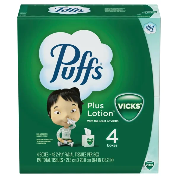 Puffs Plus Lotion Facial Tissue with the Scent of Vicks, 2-Ply - 4 boxes