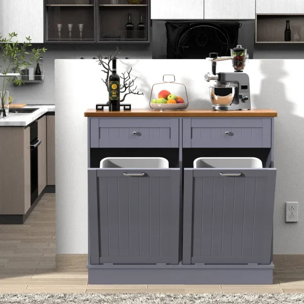 Tolead Wooden Double Tilt Out Trash Cabinet with Hideaway Drawer, Gray, Size: 13L*39.3W*35.8H