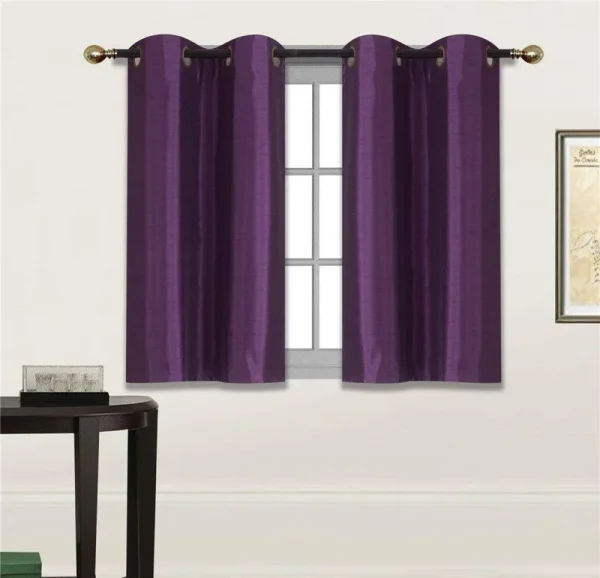 Fancy Linen 2 Panel Faux Silk Blackout Curtain Set Solid Dark Purple with Grommet Top Room Darkening Short Tier Drapes for Kitchen, Bathroom or Any