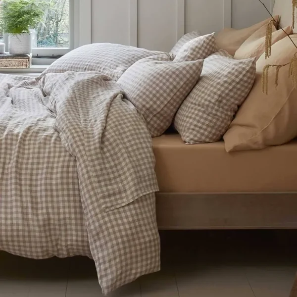 Piglet in Bed Gingham Linen Flat Sheet - Mushroom