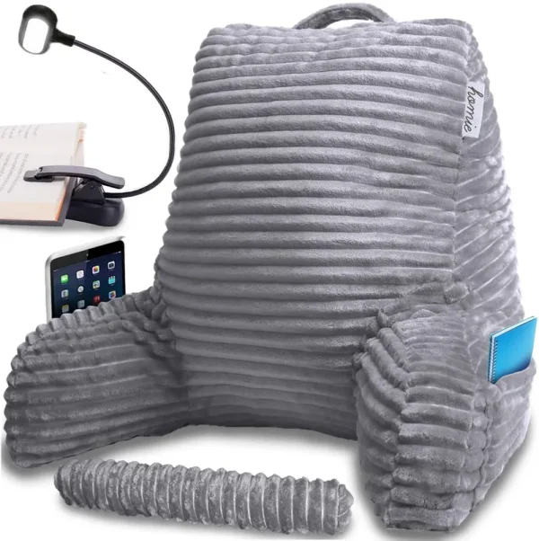 Homie Reading Bed Rest Pillow with Reading Light and Wrist Support, Has Arm Rests, and Back Support for Lounging, Reading, Working on Laptop, Watching