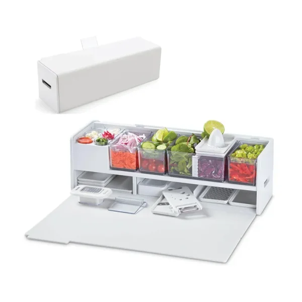 Prepdeck Gen 2 Recipe Prep & Storage Station - 8 Essential Tools + Deluxe Cutting Board, 14 Plastic Containers + Super-Seal Lids, Removable Trash