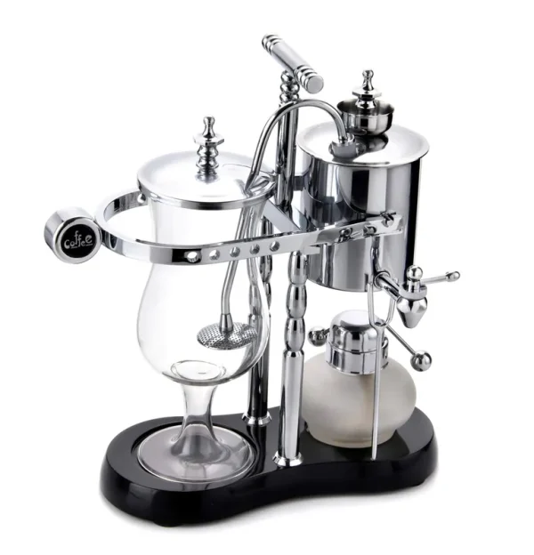 Diguo Belgian/Belgium Luxury Royal Family Balance Siphon/Syphon Coffee Maker. Elegant Double Ridged Fulcrum with Tee Handle (Classic Silver)