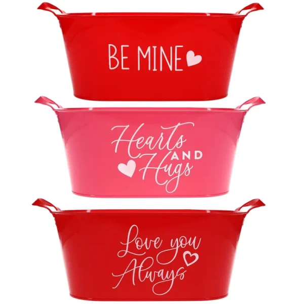 24 Valentines Day Red Plastic Sentiment Buckets with Handles, 13" at Dollar Tree