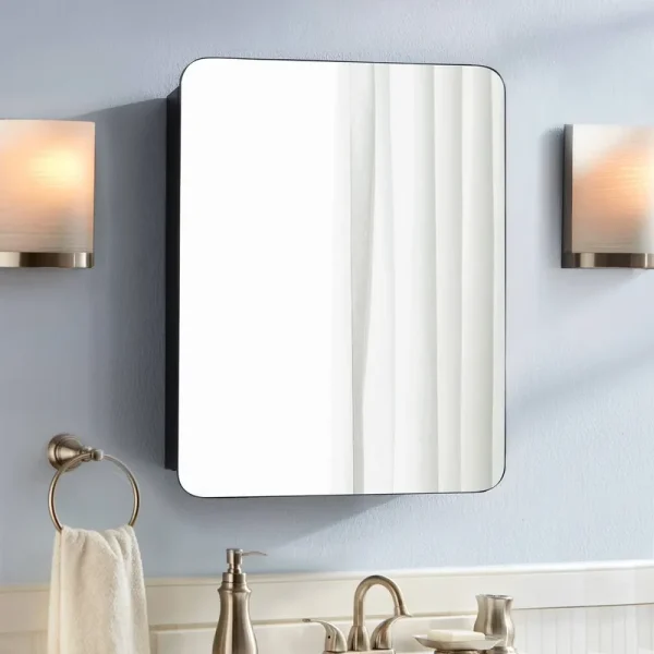 Allen + Roth Medicine Cabinet 20-in x 26-in Surface/Recessed Mount Matte Black Mirrored Square Soft Close Medicine Cabinet