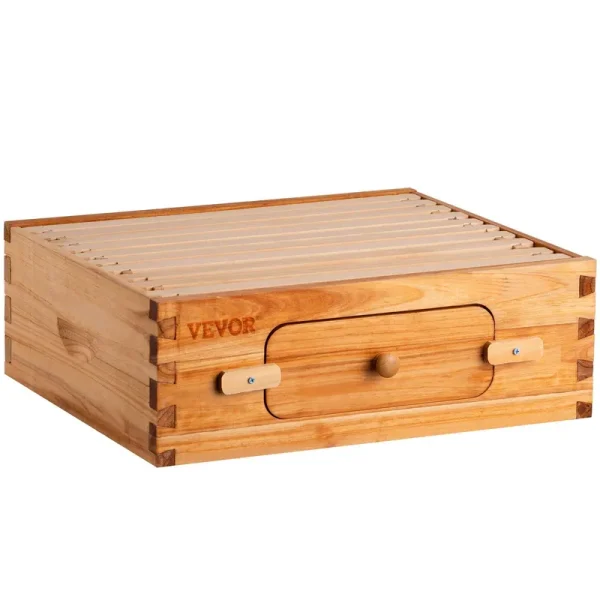 VEVOR Bee Hive, 10-Frame Complete Beehive Kit, 100% Beeswax Natural Wood, Includes 1 Medium Box with 10 Wooden Frames and Waxed