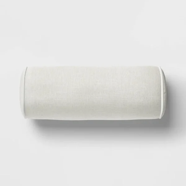 20"X8" Solid Cylinder Outdoor Bolster Pillow with Contrast Piping Tan - Threshold Designed with Studio McGee