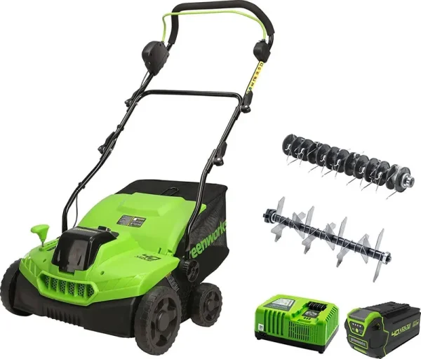 Greenworks 40V (2-in-1) Dethatcher / Scarifier, 5Ah USB Battery and Rapid Charger Included, DT40B510