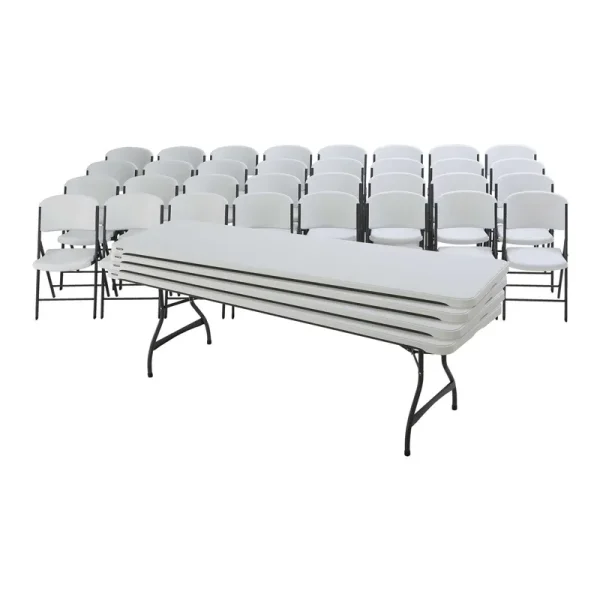 Lifetime (4) 8 - Foot Rectangle Stacking Tables and (32) Chairs Combo Indoor/Outdoor Commercial Grade, White Granite (80410)