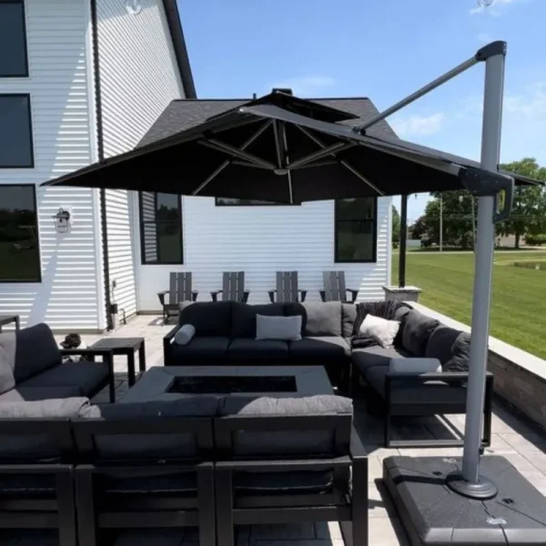 Purple Leaf 10 Feet Double Top Deluxe Solar Powered LED Square Patio Umbrella Offset Hanging Umbrella Outdoor Market Umbrella Garden Umbrella, Grey