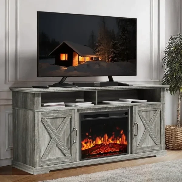 Electric Fireplace TV Stand for Tvs up to 75", Farmhouse Entertainment Center with Fireplace, Grey