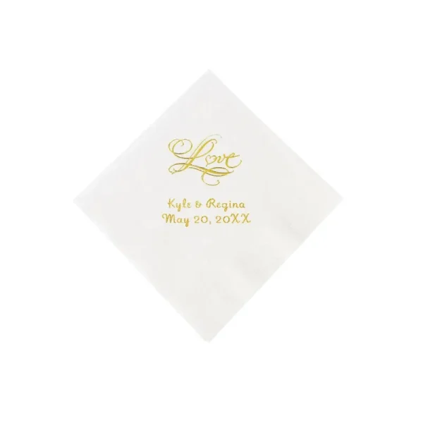 White "Love" Personalized Beverage Napkins with Gold Print
