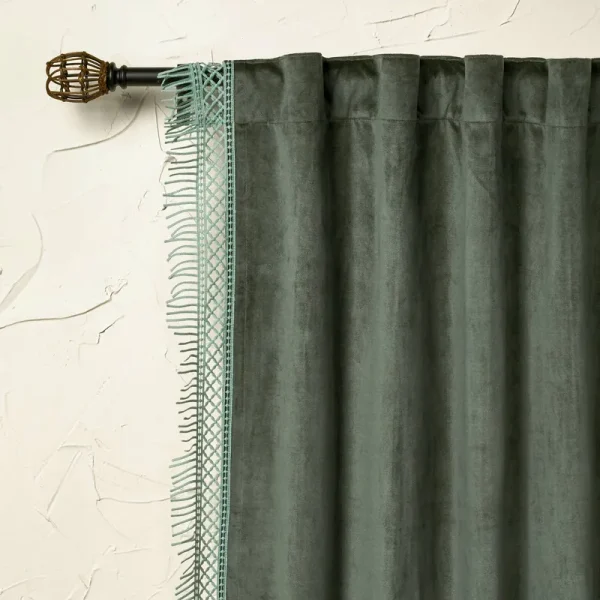 1pc 54"x63" Light Filtering Velvet Macrame Trim Window Curtain Panel Teal - Opalhouse Designed with Jungalow