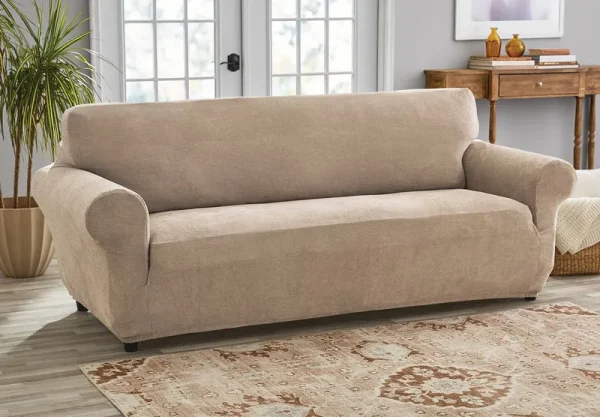 Mainstays Chenille Stretch Fabric Sofa Slipcover, Tan, 1-Piece, Beige