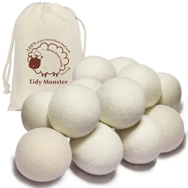 Tidy Monster 12 Pack All Natural Organic Wool Dryer Balls XL Size - Reusable Chemical Free Natural Fabric Softener, Anti Static, Reduces Clothing